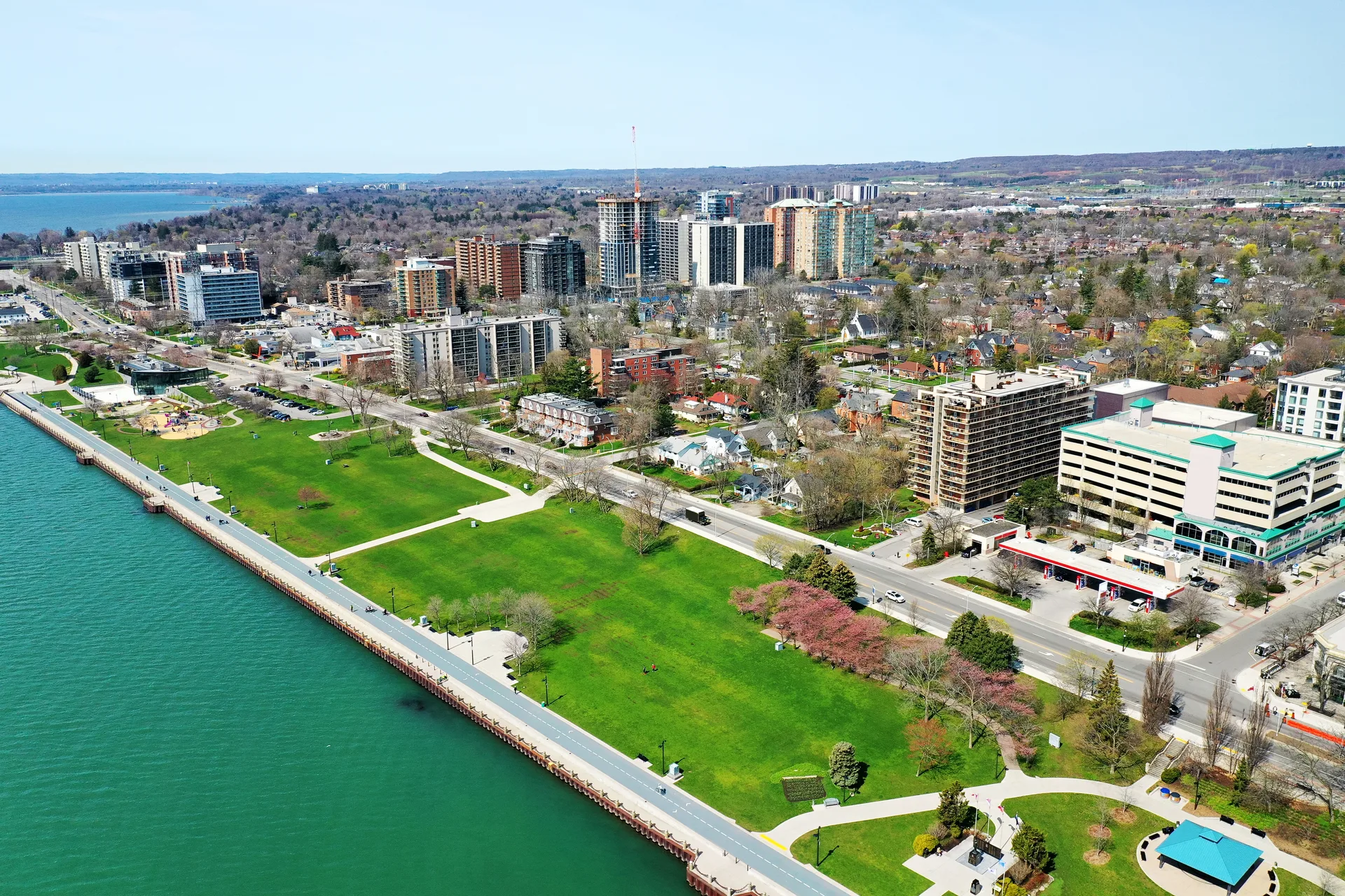 Aerial view of Burlington between the lake and the escarpment, the setting Halton's premium markets trade on