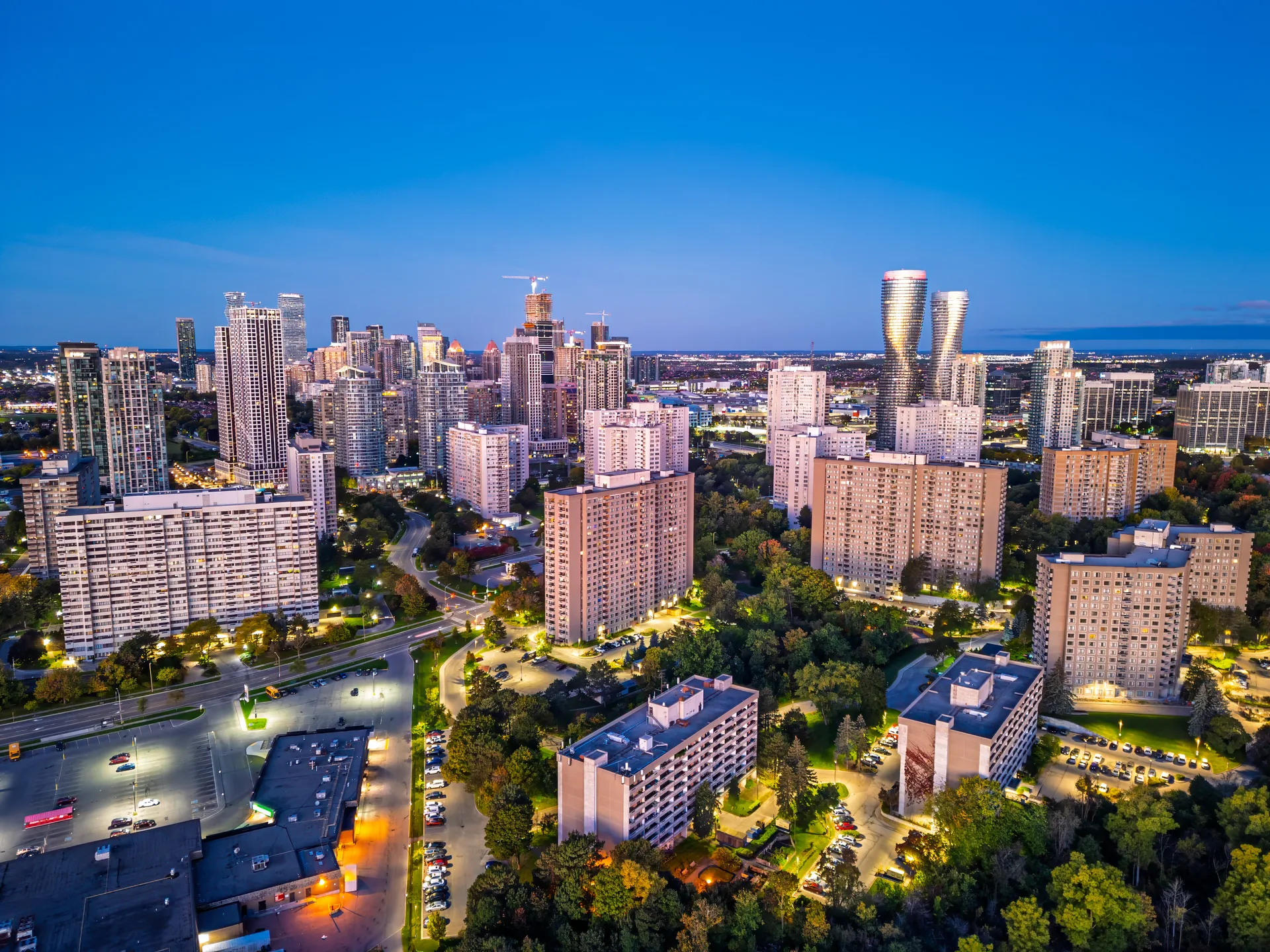 Mississauga's condo skyline at blue hour, the tower-heavy core that shapes the city's active inventory