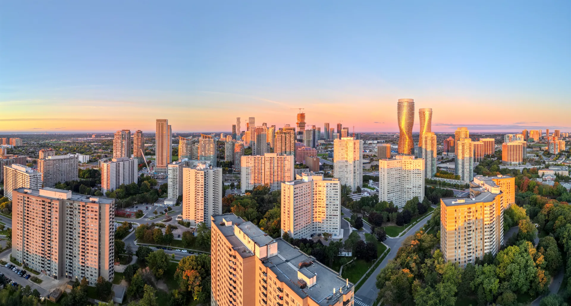 Mississauga's downtown towers at dawn, the high-rise pole of Peel Region's three-market spread