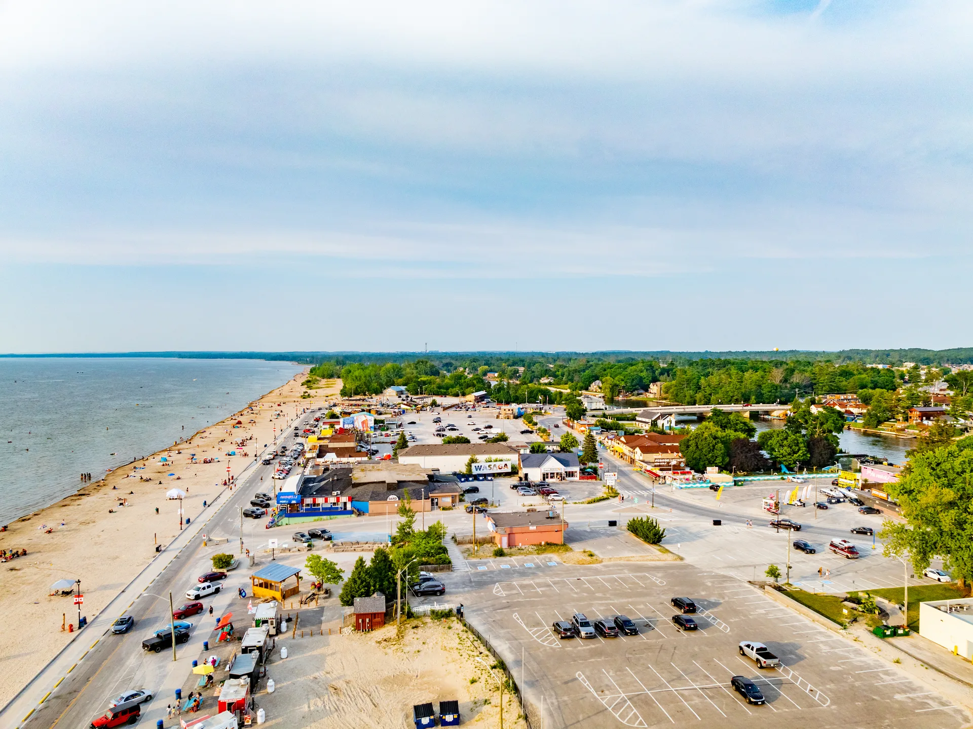 Aerial view of Wasaga Beach's shoreline and surrounding homes, the recreational edge of Simcoe County