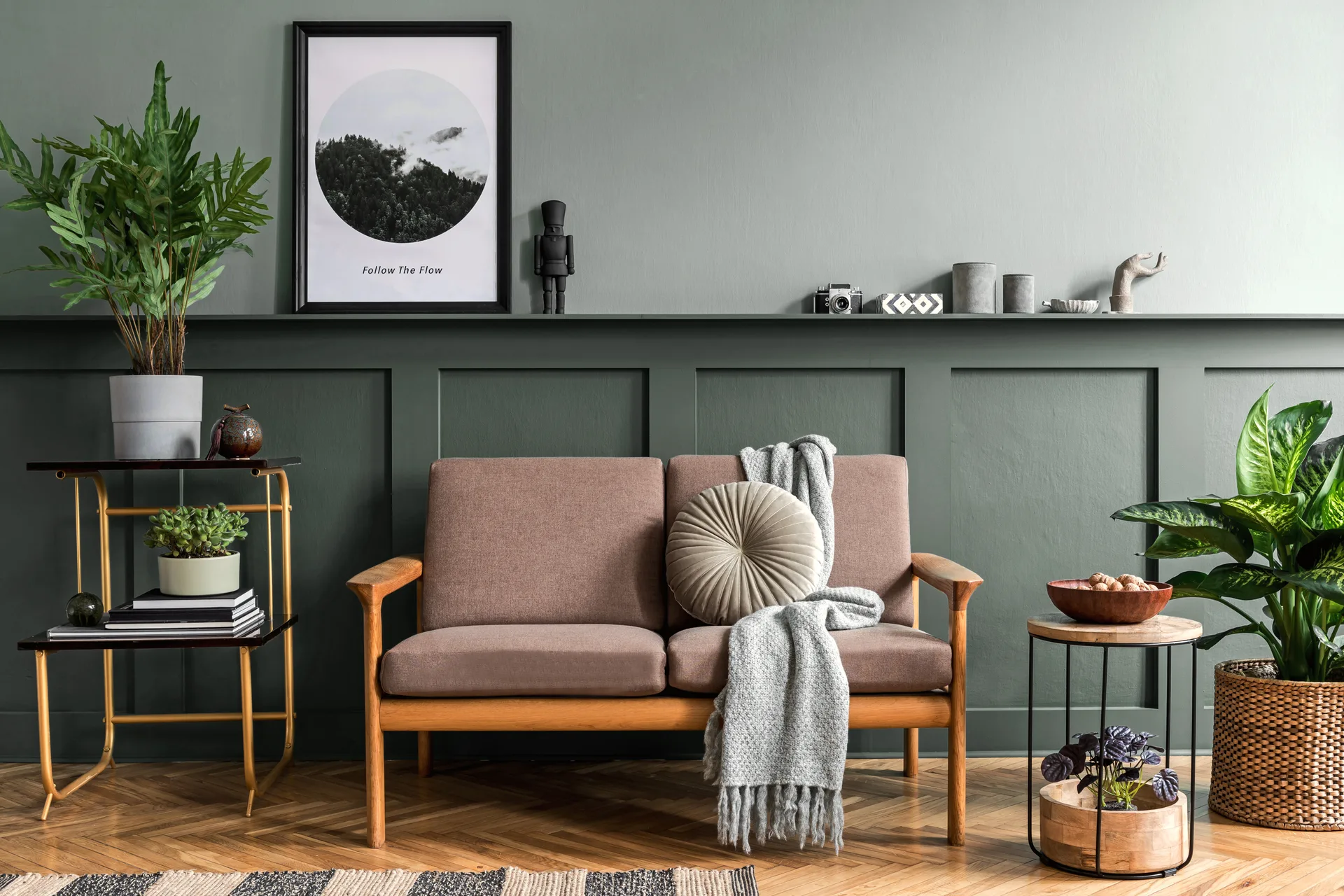 A staged living room lit for a listing photo shoot