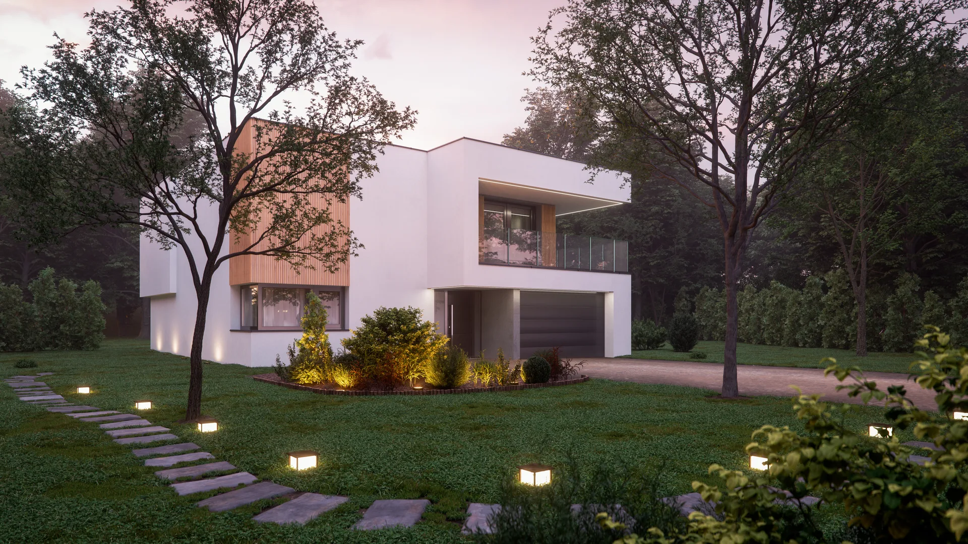A house on open land at dawn — the land is the difference