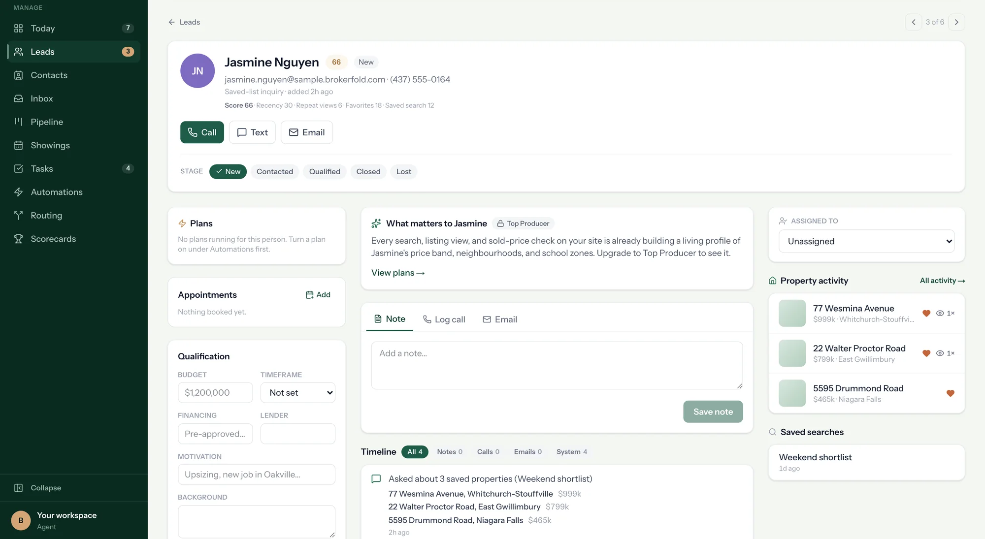BrokerFold CRM — a lead dossier built from real site activity