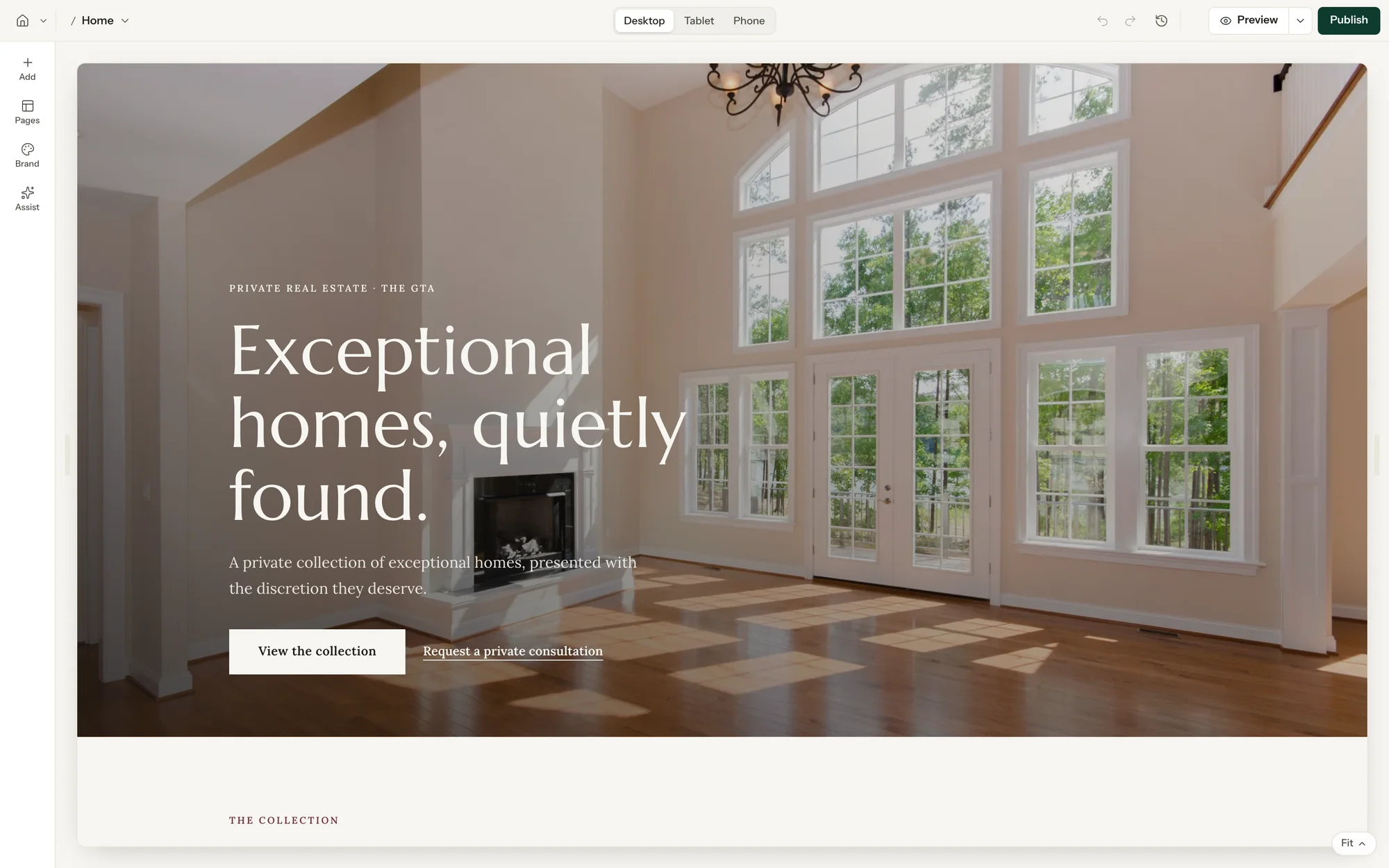 The BrokerFold visual editor with the Maison template on canvas