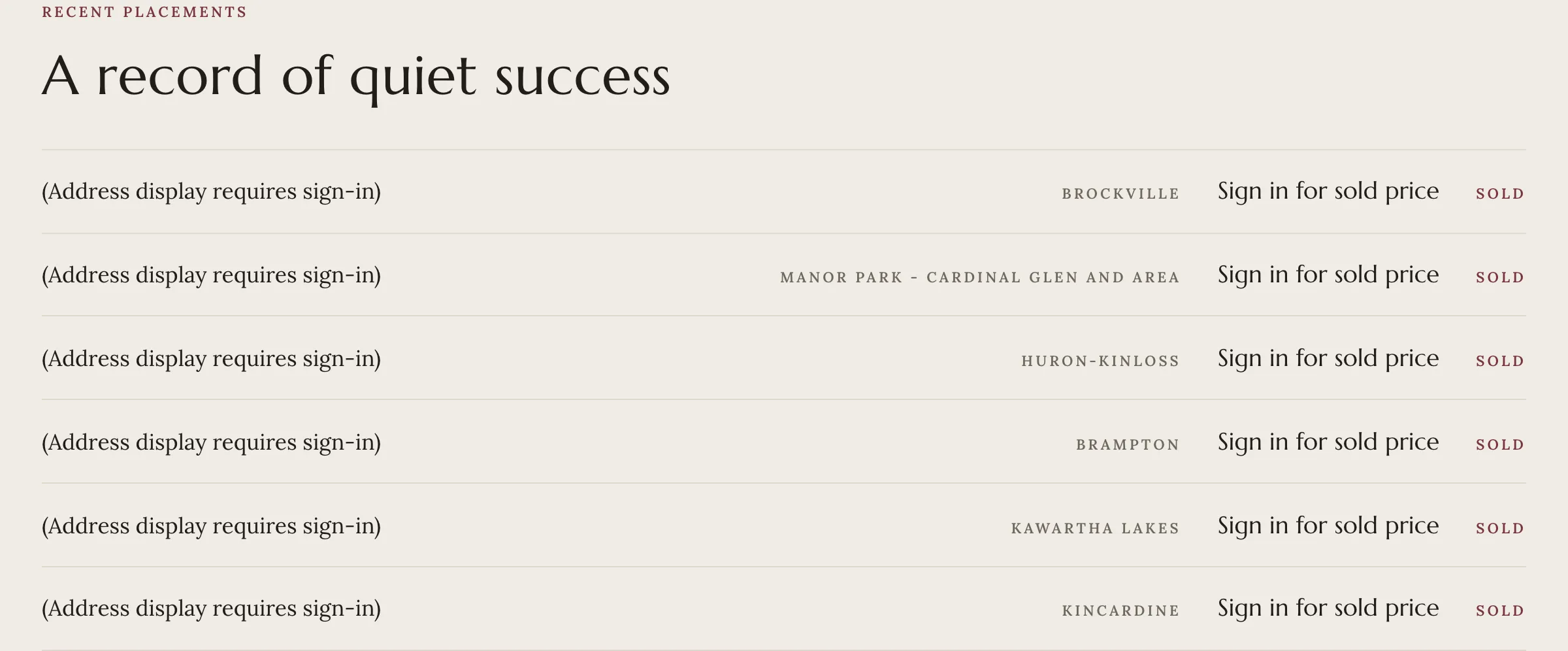 The Maison demo's sold gallery — addresses and sold prices gated behind the VOW sign-in